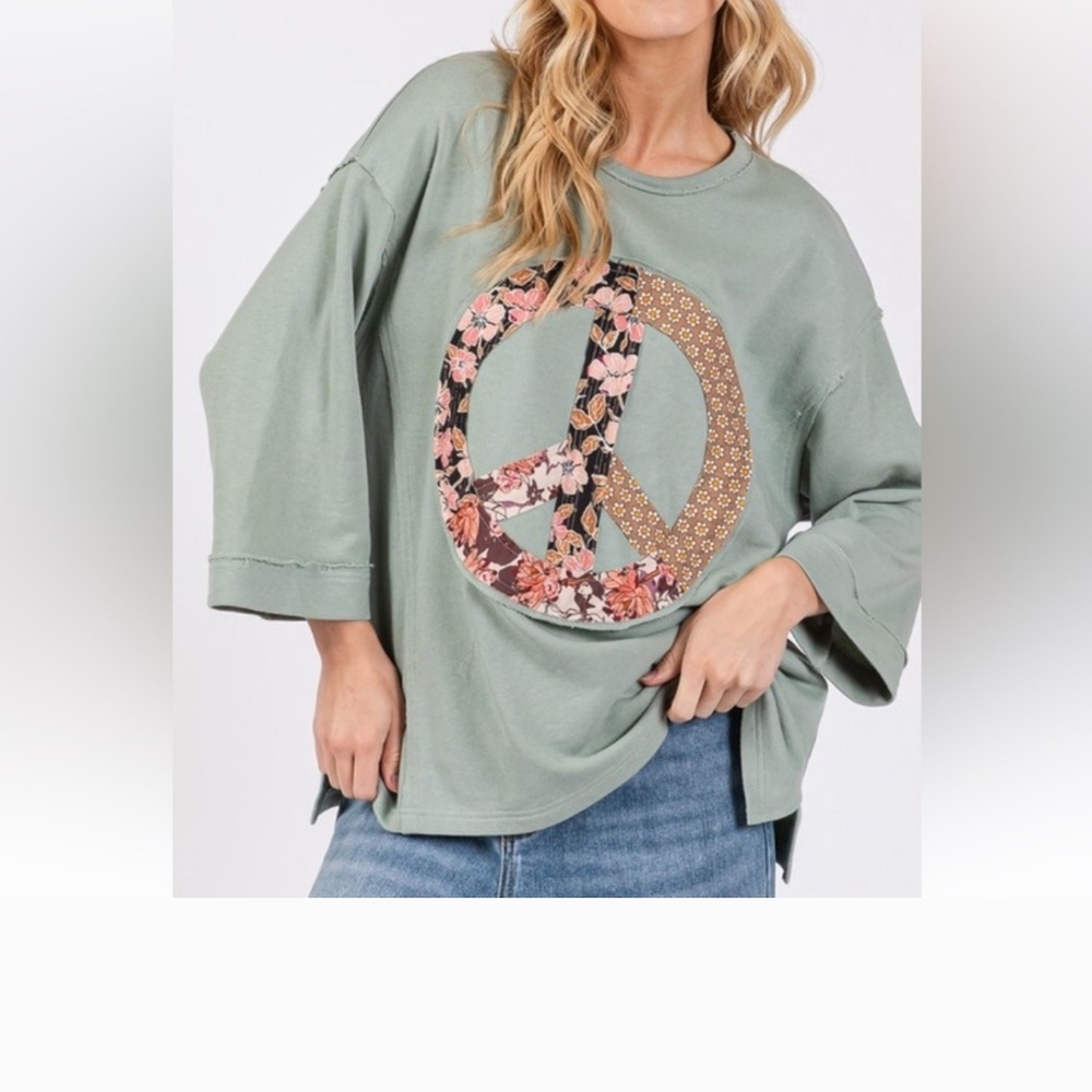 Floral Peace Sign Oversized Green Top